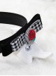 Gothic Retro Red Rose Embroidery Black White Plaid Velvet PU Leather Necklace