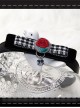 Gothic Retro Red Rose Embroidery Black White Plaid Velvet PU Leather Necklace