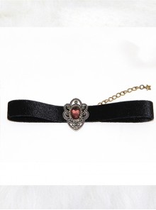 Gothic Retro Black Pleuche Flower Vine Red Diamond Necklace