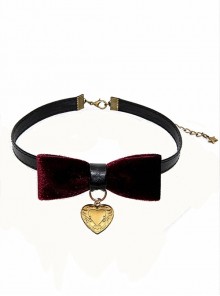 Gothic Retro Wine Red Pleuche Bowknot Heart-shaped Pendant PU Leather Necklace