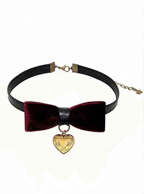 Gothic Retro Wine Red Pleuche Bowknot Heart-shaped Pendant PU Leather Necklace