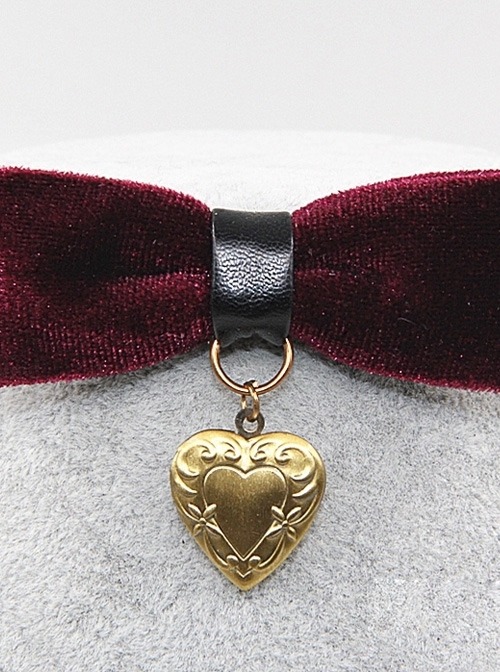 Gothic Retro Wine Red Pleuche Bowknot Heart-shaped Pendant PU Leather Necklace