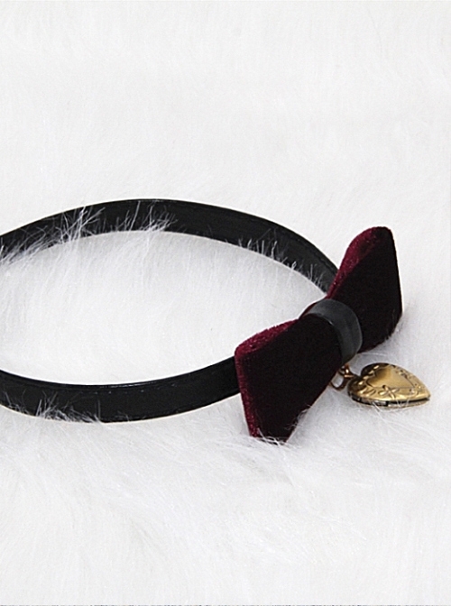 Gothic Retro Wine Red Pleuche Bowknot Heart-shaped Pendant PU Leather Necklace