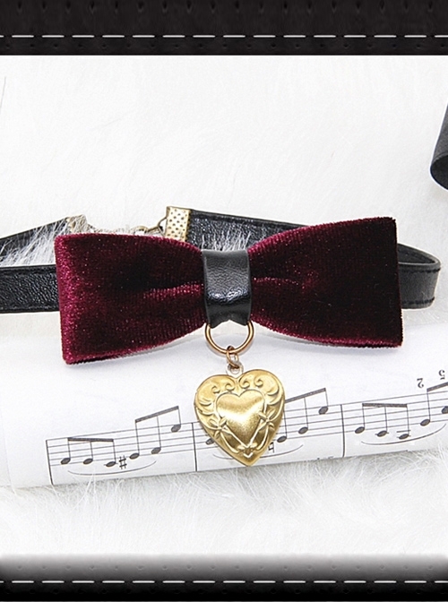 Gothic Retro Wine Red Pleuche Bowknot Heart-shaped Pendant PU Leather Necklace