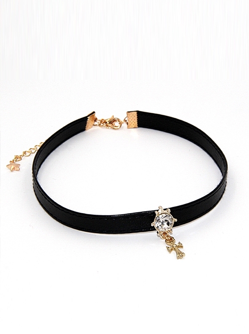 Steampunk Rock Style Diamond Cross Black Leather Gothic Choker