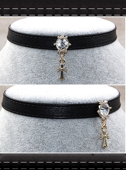 Steampunk Rock Style Diamond Cross Black Leather Gothic Choker