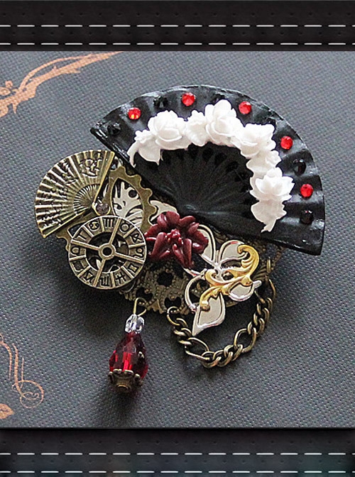 Steampunk Flower Fan Gear Butterfly Astrolabe Mechanical Chain Gothic Brooch
