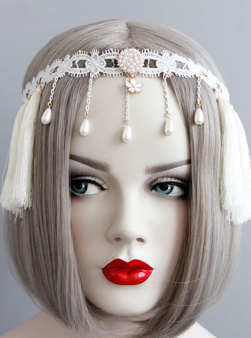 Retro Elegant Pearls White Tassel Headress
