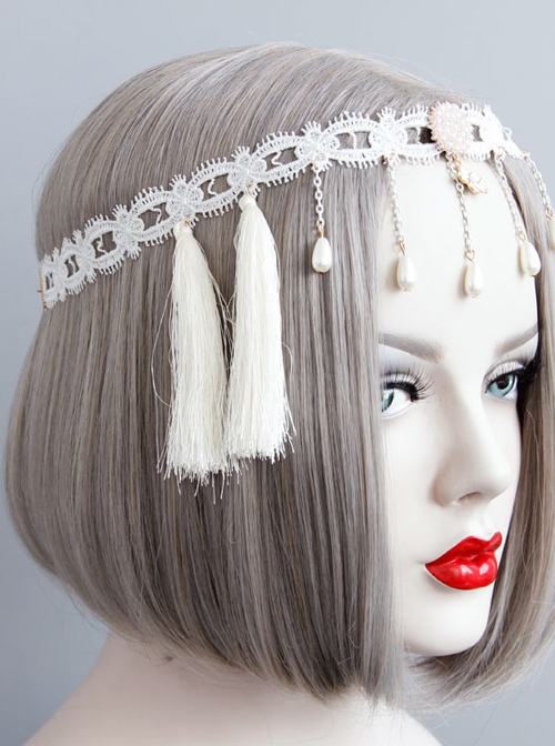 Retro Elegant Pearls White Tassel Headress