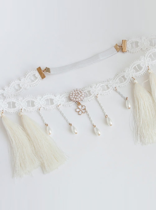 Retro Elegant Pearls White Tassel Headress