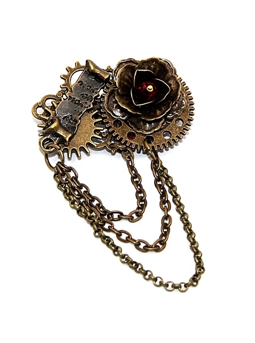 Steampunk Rose Vows Contract Reel Gear Chain Retro Brooch