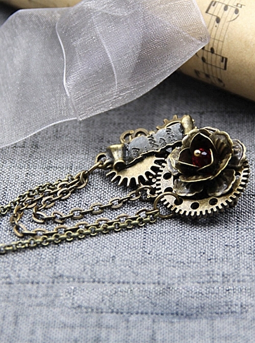 Steampunk Rose Vows Contract Reel Gear Chain Retro Brooch