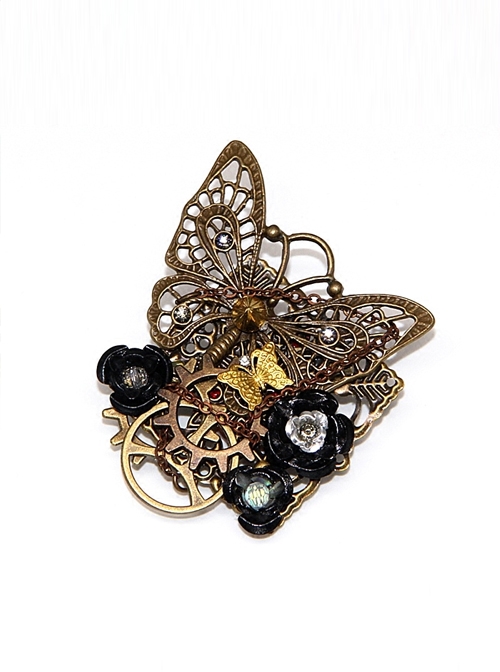Steampunk Mechanical Butterfly Gear Black Rose Retro Brooch