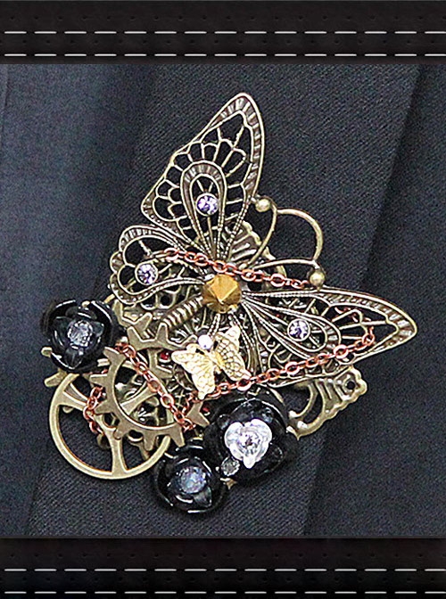Steampunk Mechanical Butterfly Gear Black Rose Retro Brooch