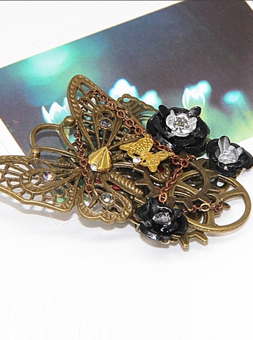 Steampunk Mechanical Butterfly Gear Black Rose Retro Brooch