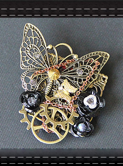 Steampunk Mechanical Butterfly Gear Black Rose Retro Brooch