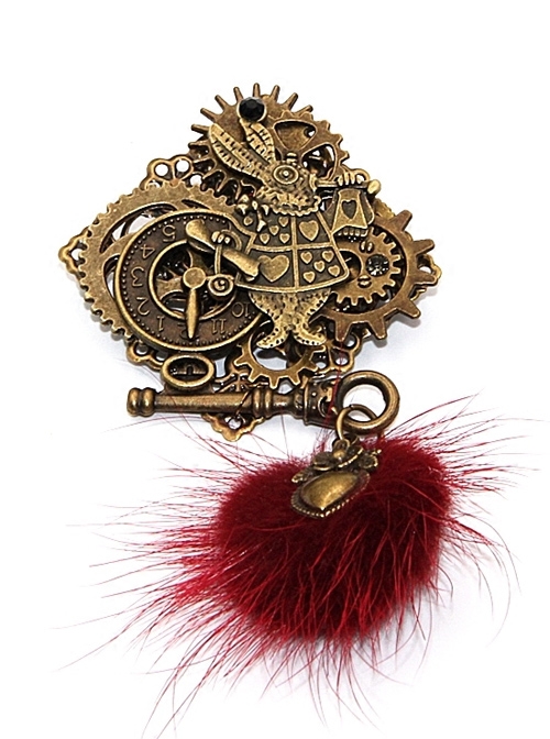 Steampunk Alice Pom Pom Rabbit Gear Keys Clock Retro Brooch