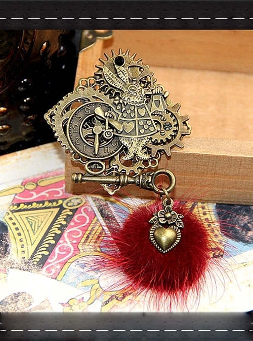 Steampunk Alice Pom Pom Rabbit Gear Keys Clock Retro Brooch