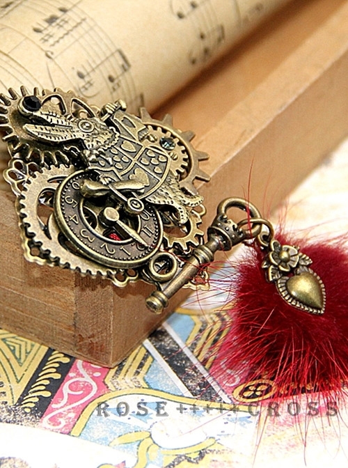 Steampunk Alice Pom Pom Rabbit Gear Keys Clock Retro Brooch