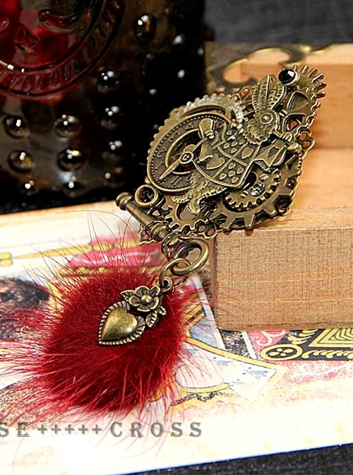 Steampunk Alice Pom Pom Rabbit Gear Keys Clock Retro Brooch