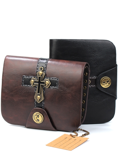 Steampunk Retro Cross And Skull Design Gothic Brown Short Wallet