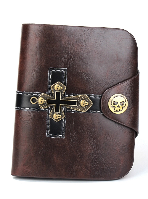 Steampunk Retro Cross And Skull Design Gothic Brown Short Wallet