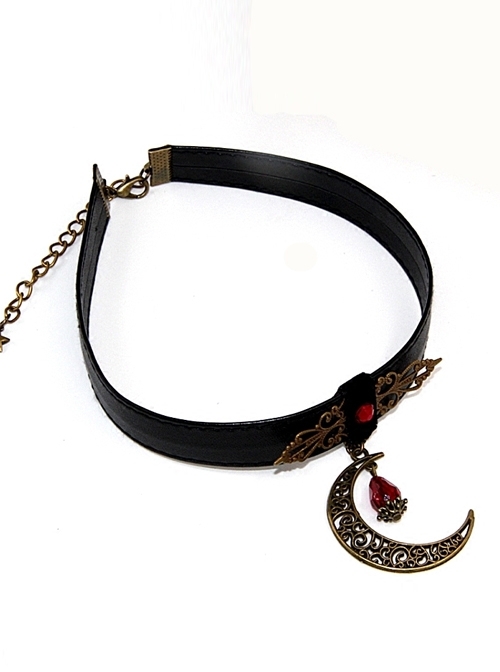 Steampunk Gothic Retro Rock Style Blood Red Crystal Moon Pendant PU Choker