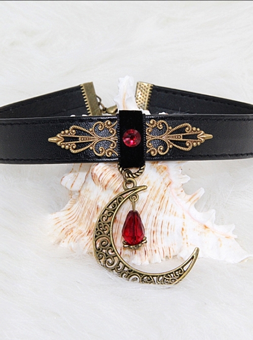 Steampunk Gothic Retro Rock Style Blood Red Crystal Moon Pendant PU Choker
