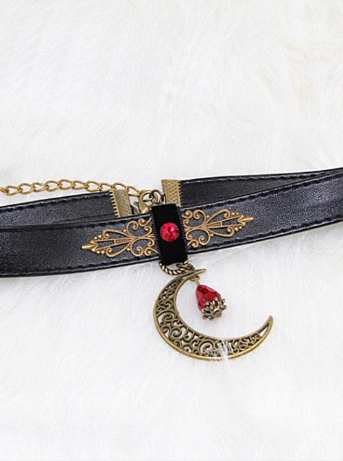 Steampunk Gothic Retro Rock Style Blood Red Crystal Moon Pendant PU Choker