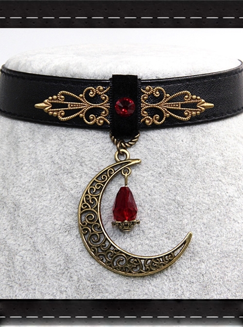 Steampunk Gothic Retro Rock Style Blood Red Crystal Moon Pendant PU Choker