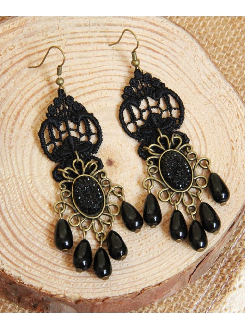 Gothic Retro Black Elegant Pearl Earrings