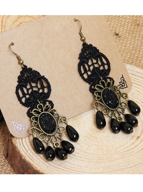 Gothic Retro Black Elegant Pearl Earrings