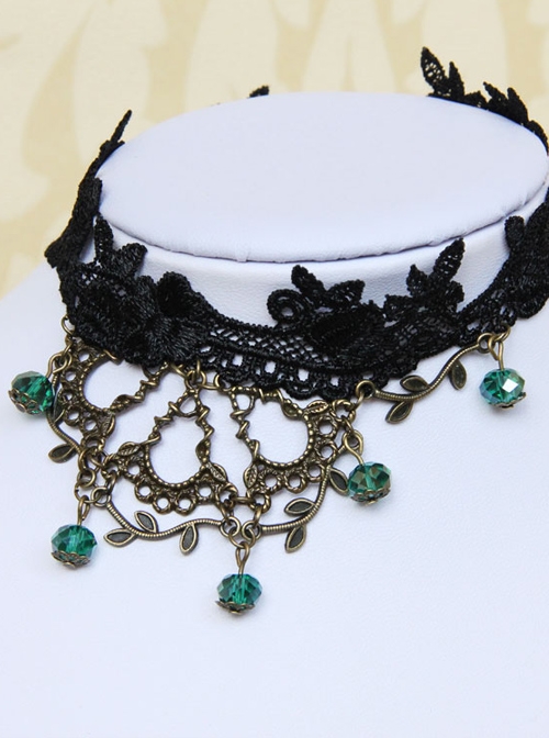 Gothic Bronze Twigs Black Lace Necklace