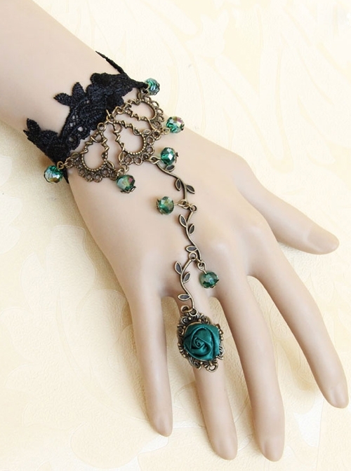 Gothic Black Lace Green Bead Bracelet Ring Jewelry
