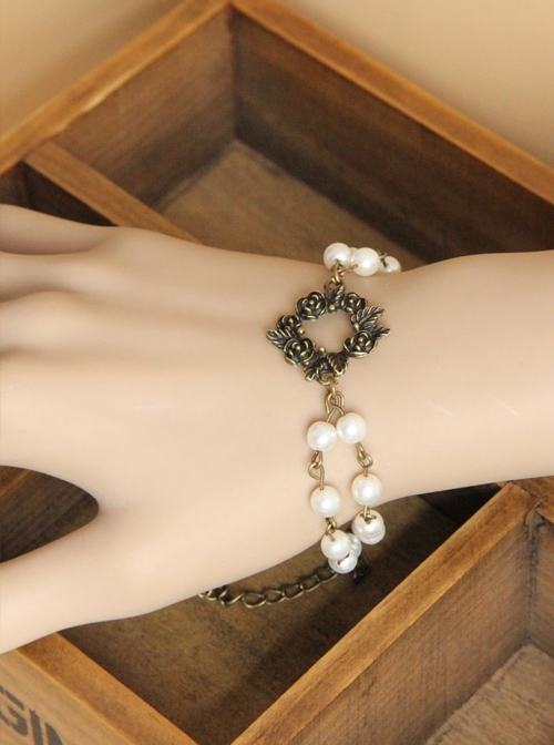 Gothic Retro Bronze Rose Pearl Bracelet