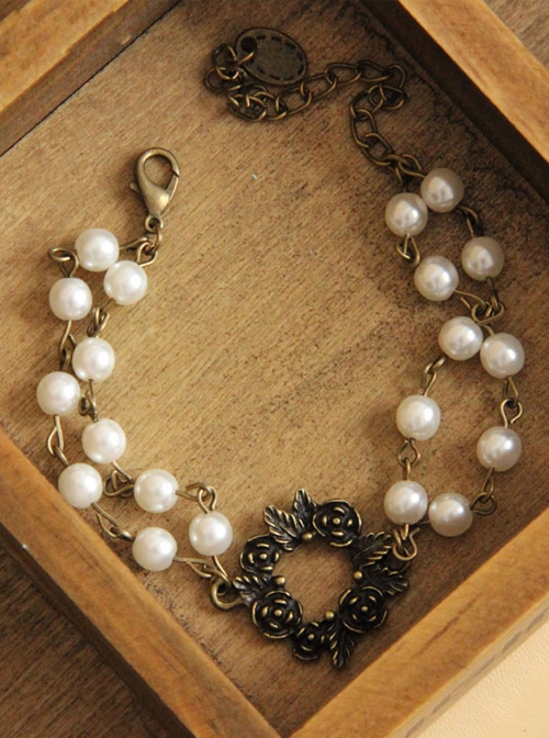 Gothic Retro Bronze Rose Pearl Bracelet