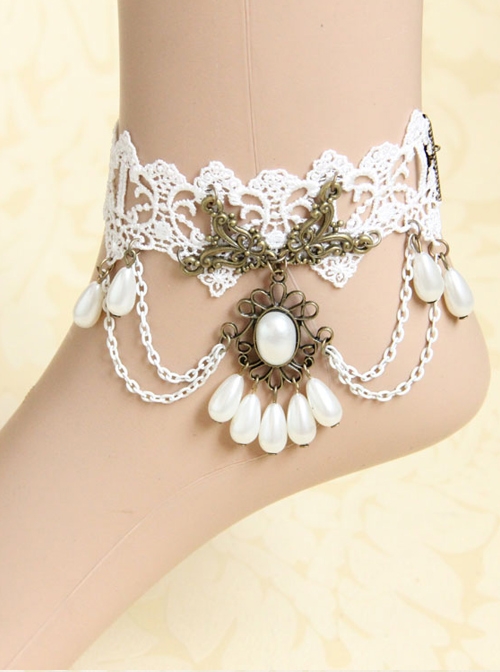 Gothic Retro Elegant White Lace Wedding Ankle Bracelet