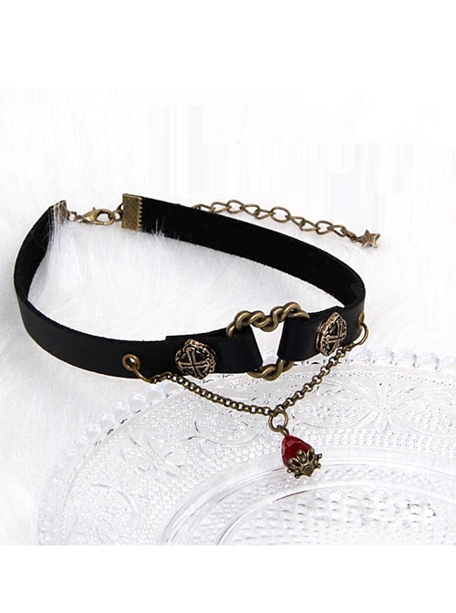 Steam Punk Red Crystal Bleeding Heart Retro Rivet Gothic PU Necklace