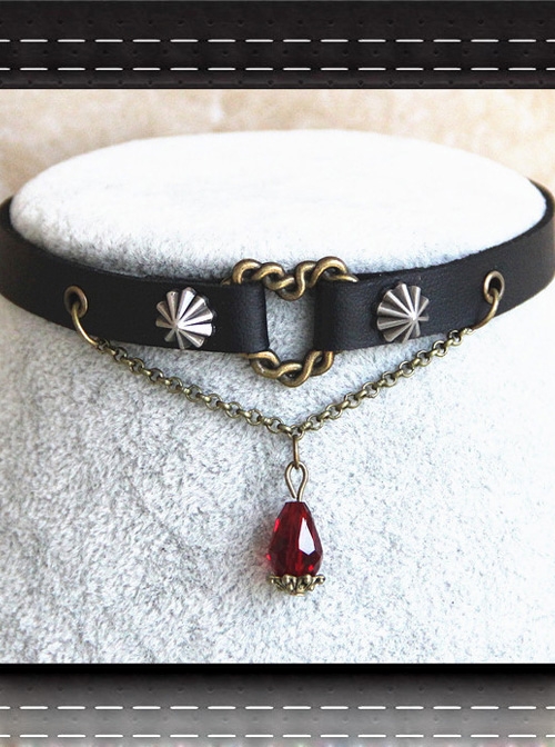 Steam Punk Red Crystal Bleeding Heart Retro Rivet Gothic PU Necklace
