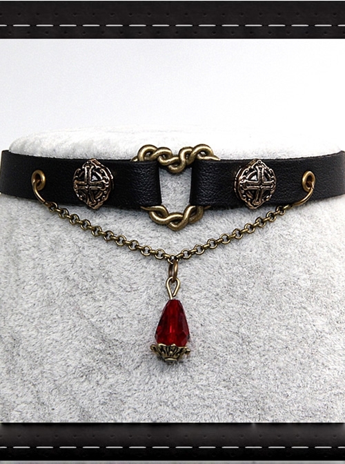 Steam Punk Red Crystal Bleeding Heart Retro Rivet Gothic PU Necklace
