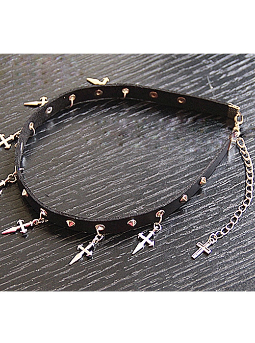 Steampunk Rock Style Silver Cross Pendant Rivet Gothic PU Necklace