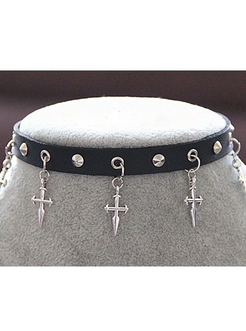 Steampunk Rock Style Silver Cross Pendant Rivet Gothic PU Necklace