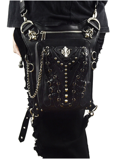 Steampunk Black Multi-function Outdoors Rivet Sliver Chain Men's Inclined Shoulder Bag