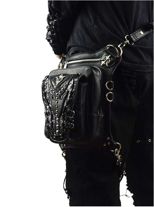 Steampunk Black Multi-function Outdoors Rivet Sliver Chain Men's Inclined Shoulder Bag