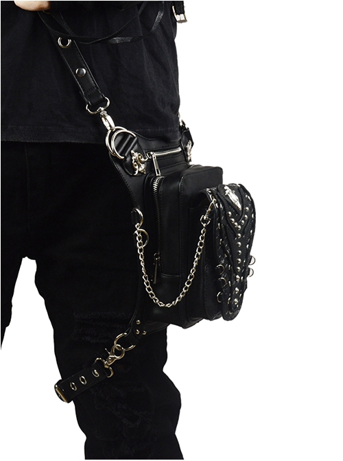 Steampunk Black Multi-function Outdoors Rivet Sliver Chain Men's Inclined Shoulder Bag