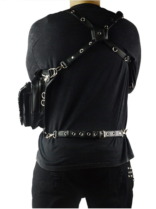 Steampunk Black Multi-function Outdoors Rivet Sliver Chain Men's Inclined Shoulder Bag