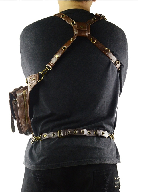 Steampunk Dark Brown Rivet Outdoors Multi-function Men's Inclined Shoulder Bag