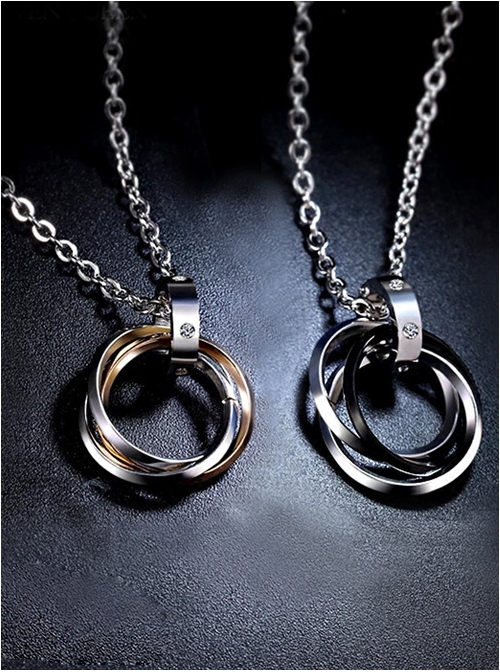 Steam Punk Retro Black And Golden Ring Pendants Lovers' Necklace