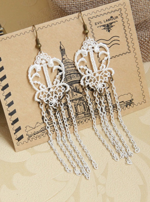 Retro White Lace Gothic Tassel Earrings