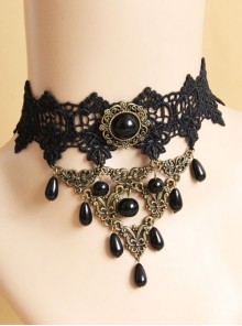 Retro Palace Style Black Lace And Pearl Gothic Necklace